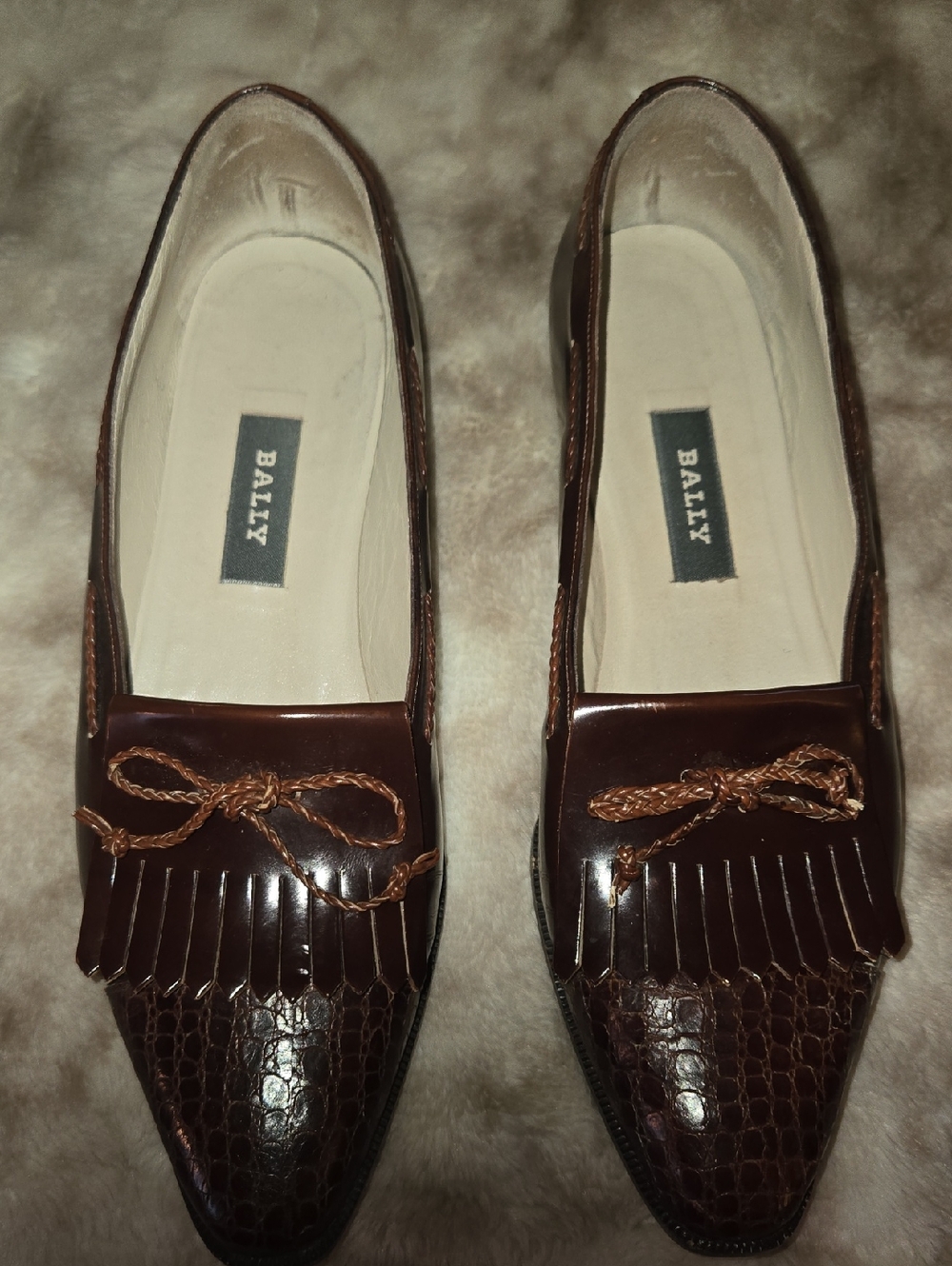 Bally Brown Leather Loafers Snakeskin Embossed Toe Tassel Fringe Flats